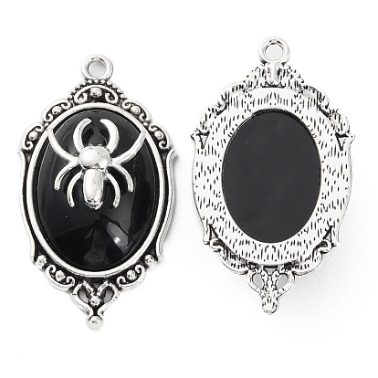 Halloween Alloy Oval Pendants, Spider Charms with Resin, Antique Silver