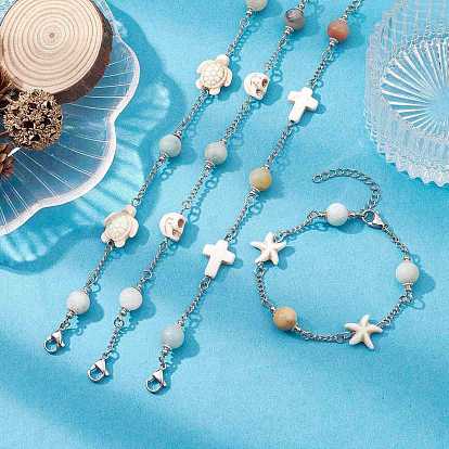 4Pcs 4 Style Natural Flower Amazonite & Synthetic Turquoise Beaded Link Chain Bracelets Set, Skull & Cross & Tortoise & Starfish
