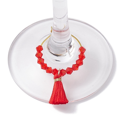 Breloques pour verres à vin à pompons en nylon, avec perles de cristal autrichien imitation verre et bague à breloques en laiton