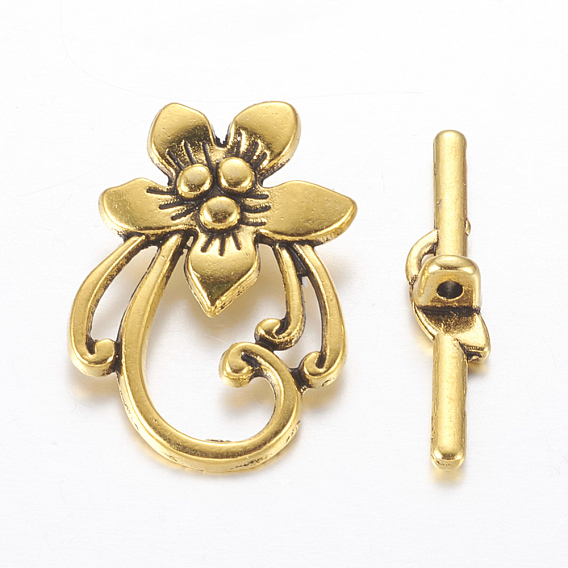 Tibetan Style Alloy Toggle Clasps, Flower, Lead Free and Cadmium Free, Flower: 20mm wide, 28mm long, Bar: 5mm wide, 30mm long, hole: 2mm