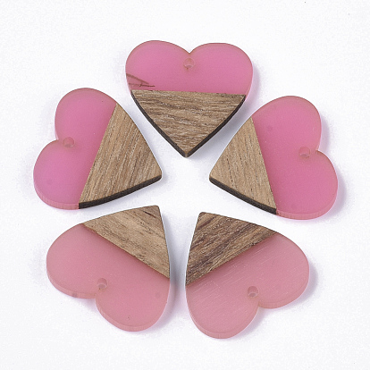 Transparent Resin & Walnut Wood Pendants, Heart