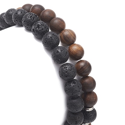 2 pcs 2 style bois naturel et roche de lave ensemble de bracelets extensibles à perles rondes pour femmes