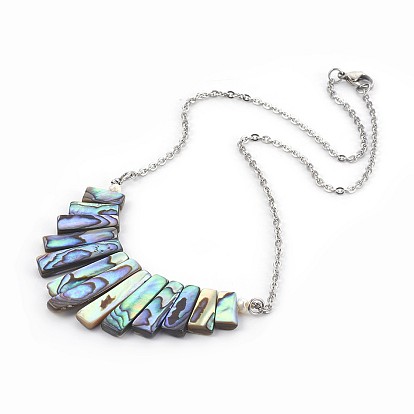 Natural Abalone Shell/Paua Shell Graduated Pendant Necklaces, with 304 Stainless Steel Rolo Chains, Rectangle