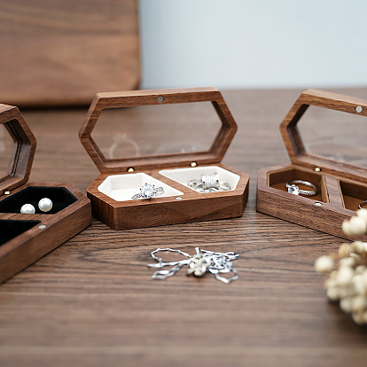 2-Slot Hexagon Walnut Wood Magnetic Wedding Ring Gift Case, Clear Window Jewelry Box with Velvet Inside, for Couple Rings