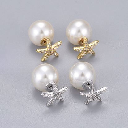 Brass Micro Pave Clear Cubic Zirconia Stud Earrings, with Acrylic Imitation Pearl, Long-Lasting Plated, Star