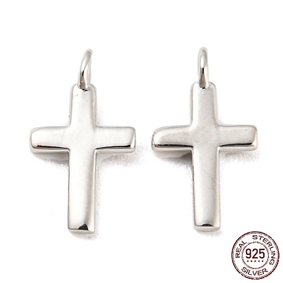 Rhodium Plated 925 Sterling Silver Charms, with Jump Rings, Cross, with S925 Stamp