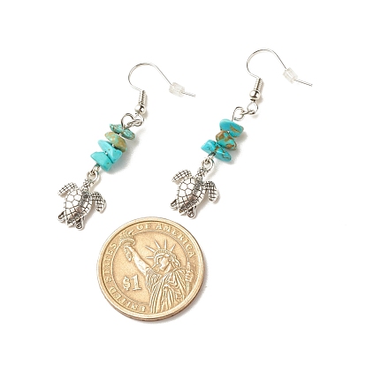Gemstone Chips Beaded Dangle Earrings, Brass Ocean Theme Long Drop Earrings for Women, Mixed Shape, Antique Silver