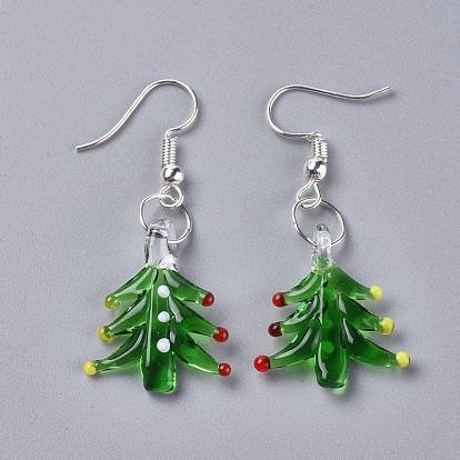 Ensembles de bijoux au lampwork faits à la main de Noël, boucles d'oreilles et pendentifs, avec boucles d'oreilles en laiton et anneaux de saut, arbre de Noël