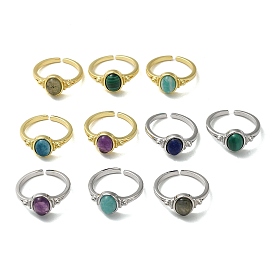 Natural Mixed Gemstone Oval Open Cuff Rings, Brass Finger Ring, Cadmium Free & Lead Free