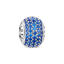TINYSAND Rondelle 925 Sterling Silver European Beads, Large Hole Beads, with Pave Setting Blue Cubic Zirconia, 12.6x9.39x12.22mm, Hole: 4.29mm