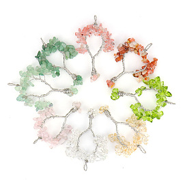 Colliers à pendentif arbre de vie en copeaux de pierres précieuses naturelles et synthétiques mélangées, collier en fil de laiton avec chaînes en alliage