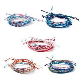 4pcs 4 ensemble de bracelets de perles tressées en alliage et en verre de style, bracelets réglables cordon polyester ciré pour femme