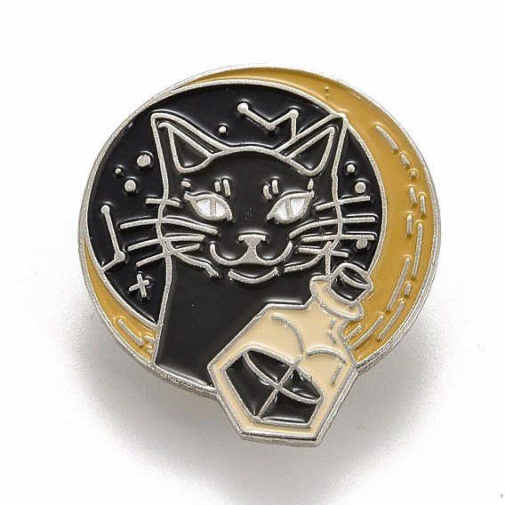 Flat Round with Cat Enamel Pin, Halloween Alloy Badge for Backpack Clothes, Platinum