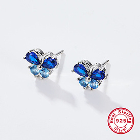 Rhodium Plated Platinum Plated 925 Sterling Silver Stud Earrings, Cubic Zirconia Butterfly Earrings