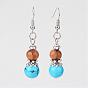 Natural & Synthetic Mixed Stone Dangle Earrings, with Wood Beads and Metal Findings, 48mm, Pin: 0.6mm