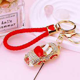 Sparkling Rhinestone Car Keychain with Cute Woven Rope - Creative Metal Keyring Gift for Women