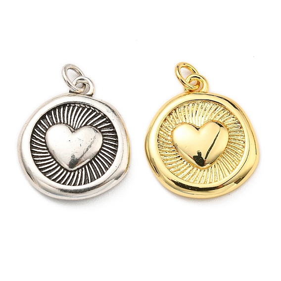 Rack Plating Brass Pendants, with Jump Ring, Lead Free & Cadmium Free, Long-Lasting Plated, Flat Round with Heart & Paw Print Charm