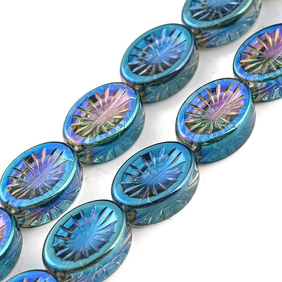 Perles en verre electroplate, demi arc-en-ciel plaqué, ovale avec des fleurs