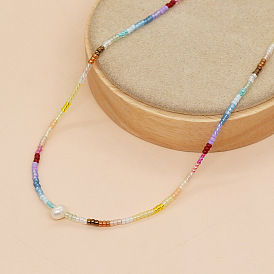 Boho Rainbow Beaded Necklace with Pearls and Seed Beads Handmade