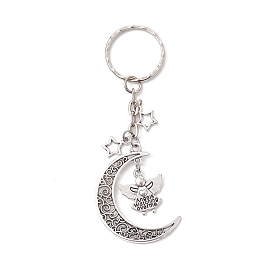 Tibetan Style Alloy Pendants Keychains, with Iron Split Key Rings, Moon with Angel