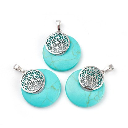 Gemstone Pendants, Spiritual Charms, with Platinum Tone Brass Findings, Flat Round with Flower of Life/Sacred Geometry
