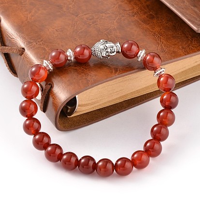 Trendy Natural Gemstone Beaded Stretch Bracelets, with Tibetan Style Antique Silver Alloy Findings, 57mm