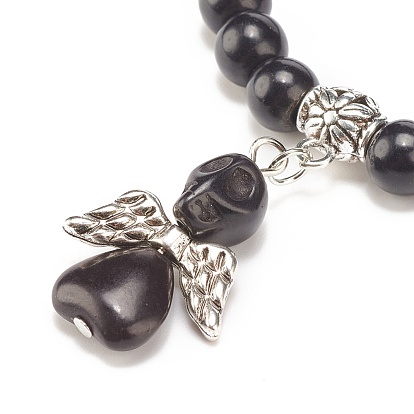 Bracelet extensible en perles synthétiques turquoise (teint) avec breloque tête de mort, bijoux en pierres précieuses pour femmes