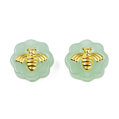 Imitation perles de verre peintes à la bombe de jade, avec les accessoires en laiton plaqués or, fleur avec abeilles