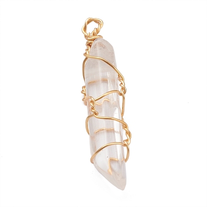 Natural Quartz Crystal Pendants, Rock Crystal Pendants, with Golden Copper Wire Findings Wrapped, Bullet
