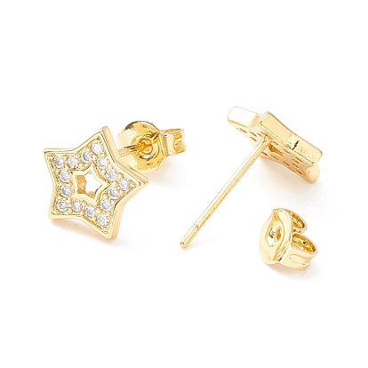 Clear Cubic Zirconia Star Stud Earrings, Brass Jewelry for Women, Cadmium Free & Nickel Free & Lead Free