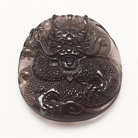Carved Natural Obsidian Big Pendants, Dragon