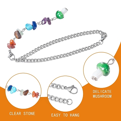 Gemstone Chip Pendant Decorations, 304 Stainless Steel Curb Chain Hanging Mushroom Ornament, with Lobster Claw Clasp, for Car Rear Mirror, Wall, Bag