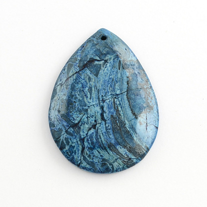 Bleu naturel folles pendentifs en agate, teint, 40~63x32~44x6~7mm, Trou: 2~2.5mm