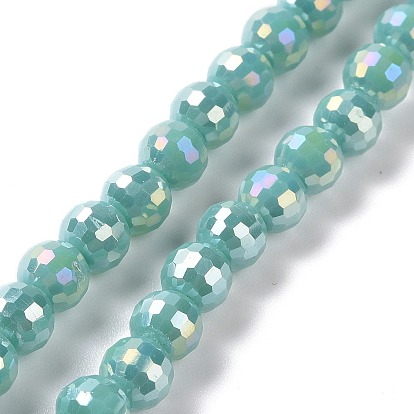 Electroplate Opaque Solid Color Glass Beads Strands, AB Color Plated, Faceted(96 Facets), Round