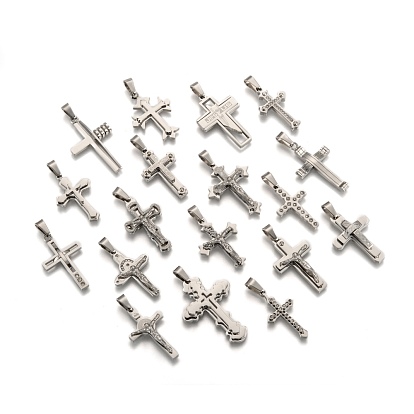 304 Stainless Steel Pendants, with Rhinestone, Mixed Style, Cross, 25~32x15~22x3~5mm, Hole: 9.5x3.5mm