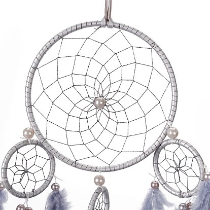 Iron Woven Web/Net with Feather Pendant Decorations, with Plastic Beads, Covered with Leather Cord, Flat Round