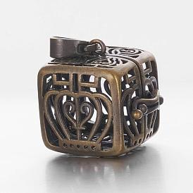 Retro Brass Cage Pendants, For Chime Ball Pendant Necklaces Making, Hollow Square with Crown