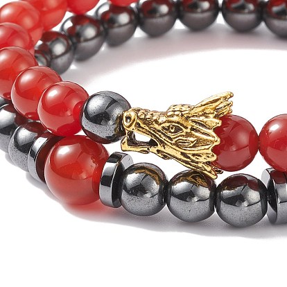 2 pcs 2 cornaline d'agate rouge naturelle de style (teinte et chauffée) et bracelets extensibles en hématite synthétique sertis de dragon en alliage, bijoux en pierres précieuses pour femmes