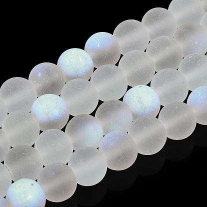 Brins de perles de verre dépoli transparentes, demi couleur ab plaqué, ronde