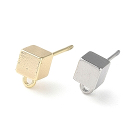 Brass Stud Earring Findings, with Horizontal Loop, Cube