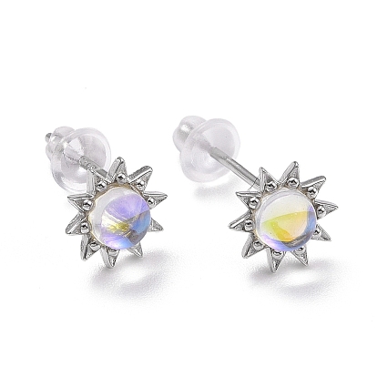 925 Sterling Silver Sunflower Stud Earring Findings, Clear Moonstone Dainty Earrings for Girl Women