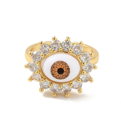 Soleil de zircone cubique avec anneau de manchette ouvert mauvais œil avec acrylique, bijoux en laiton plaqué or véritable 18k pour femmes, sans cadmium et sans plomb