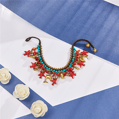 Bracelets de cheville à cordon ciré Shegrace, avec turquoise synthétique, copeaux de pierres précieuses, perles et breloques en laiton, Thème de l'océan