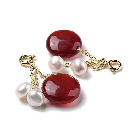 Décorations de pendentif rond plat en agate rouge naturelle, Ornement de gland de perles d'eau douce naturelles avec fermoirs à ressort en laiton