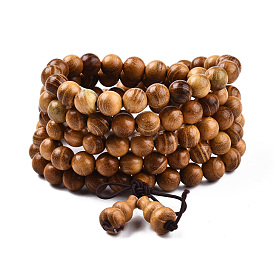4 -loop style bijoux bouddhistes, bracelets/colliers de perles de mala en bois de santal doré, ronde, gourde