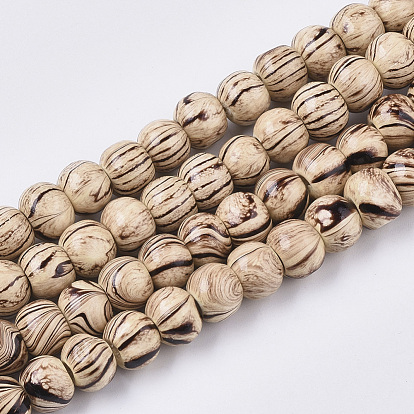 Brins de perles en bois naturel teint, avec motif ondulé, sans plomb, ronde