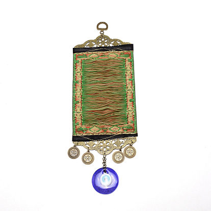 Zinc Alloy & Cloth Hanging Pendant Decorations, with Evil Eye Glass Beads, Rectangle with Scripture Pattern