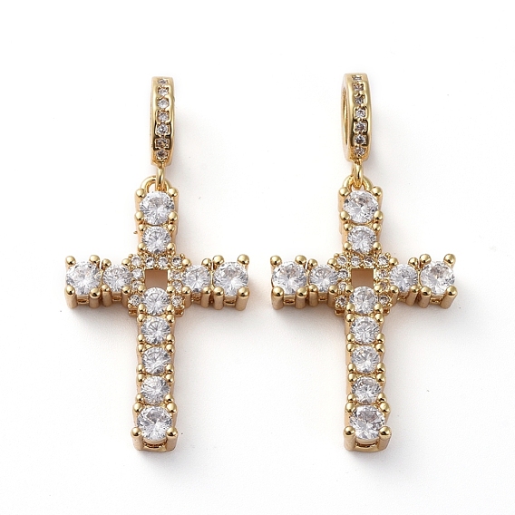 Brass Micro Pave Clear Cubic Zirconia Pendants, Long-Lasting Plated, Cross