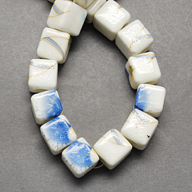 Handmade Printed Porcelain Beads, Cube, 10x10x10mm, Hole: 4mm