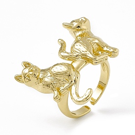 Rack Plating Brass Double Cat Open Cuff Ring for Women, Cadmium Free & Lead Free